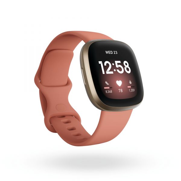Fitbit Versa 3 Render 3QTR Core Pink Clay Soft Gold Clock Default Shadow